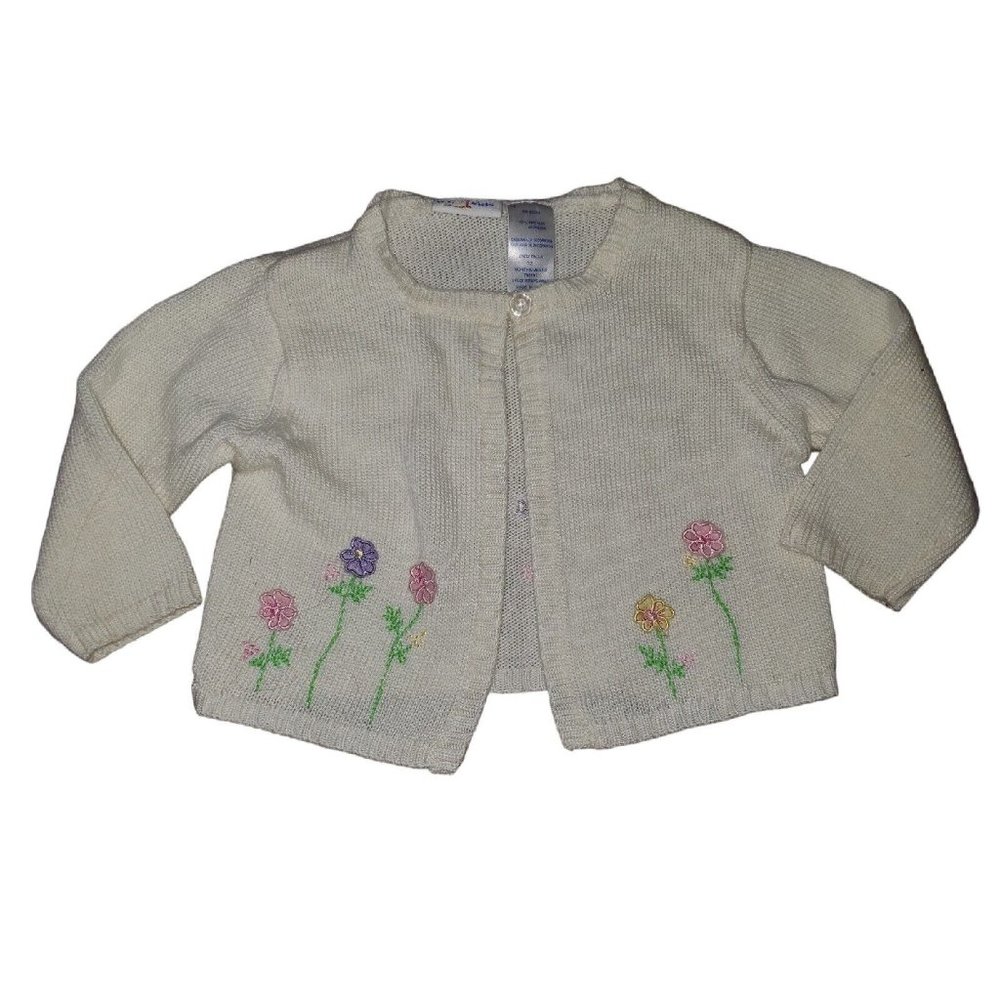 b.t. kids Girls One Button Cardigan Sweater Ivory Flowers Size 12 M GUC